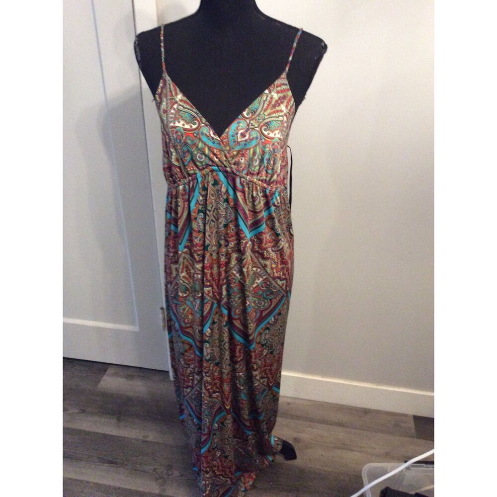 Boho Rhapsody XL Maxi Dress Paisley Jewel Toned V Neck Smocked Waist